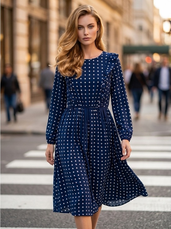 SHEIN Dresses & Skirts - SHEIN Navy Blue Polka Dot Long Sleeve Midi Dress